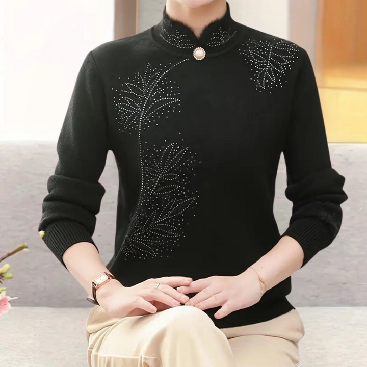 Knitted Ladies' Sweater with Floral Pattern and High Collar – Alfhild