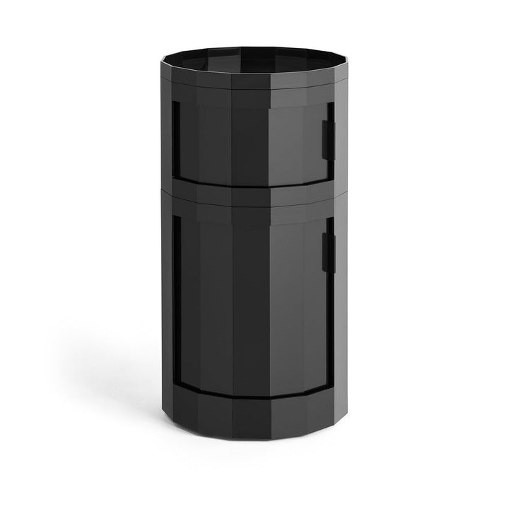 Extra-tall black round cabinet with two stacked sections, each with its own door and handle 20