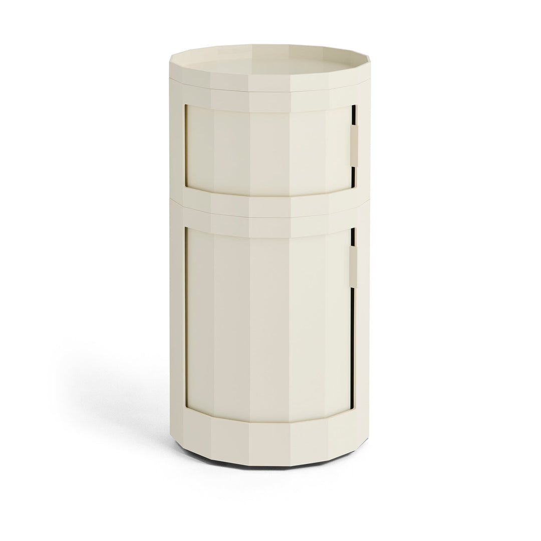 Tall two-door round cabinet in cream with a faceted body and tray top 22