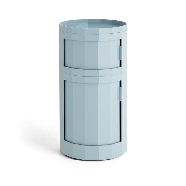 Tall two-door round cabinet in light blue with a faceted body and tray top 23