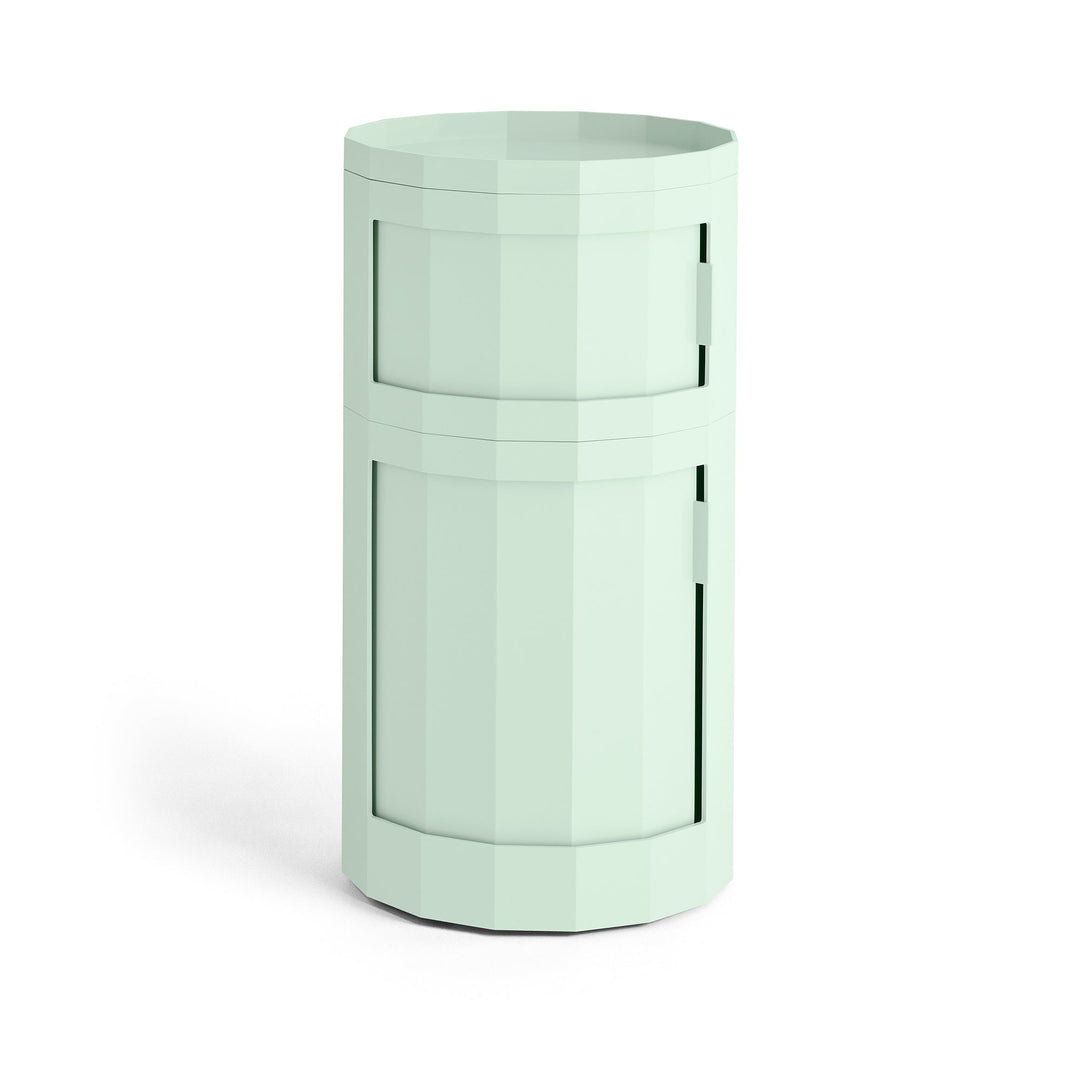 Tall two-door round cabinet in pale mint green with a faceted body and tray top 25