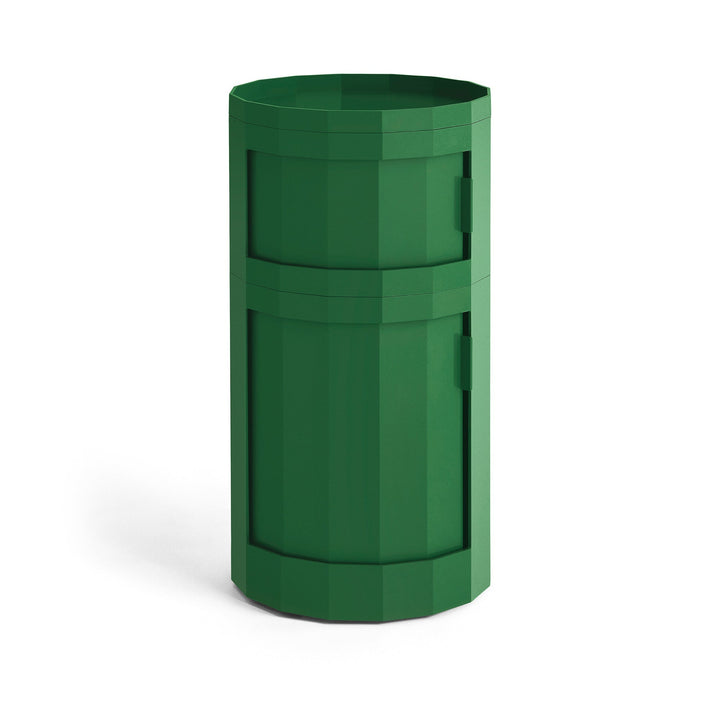 Tall two-door round cabinet in deep green with a faceted body and tray top 26