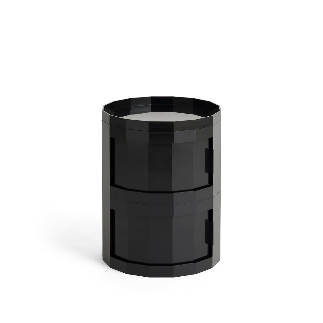 Compact two-door round cabinet in glossy black with a faceted body and tray top 27