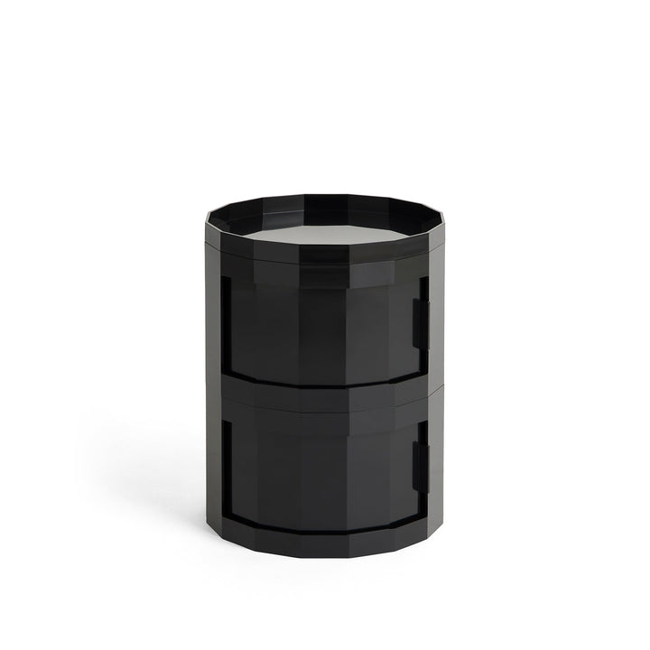 Compact two-door round cabinet in glossy black with a faceted body and tray top 27