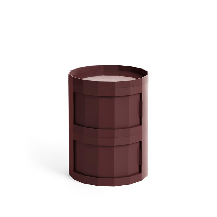 Compact two-door round cabinet in deep burgundy with a faceted body and tray top 28