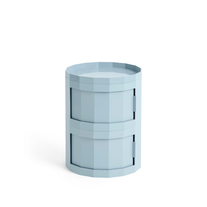 Compact two-door round cabinet in light blue with a faceted body and tray top 32