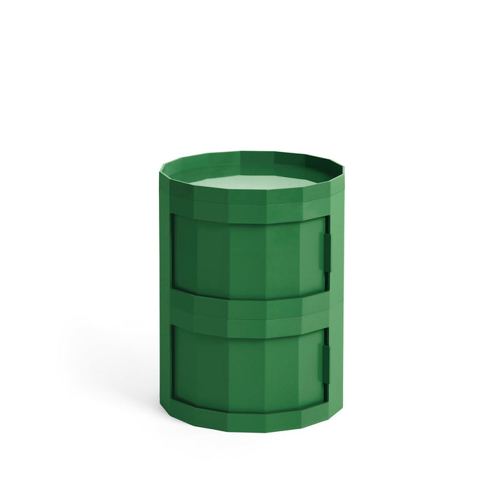 Compact two-door round cabinet in deep green with a faceted body and tray top 36