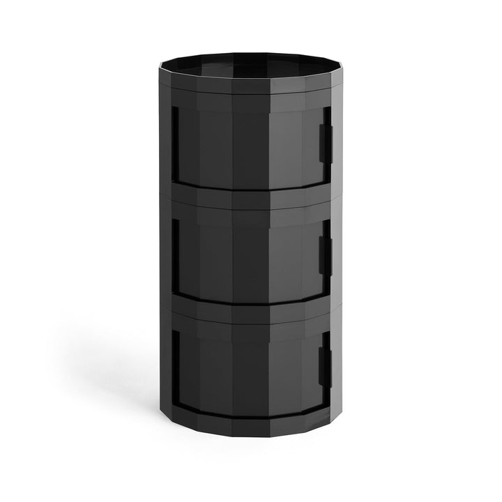 Tall three-door round cabinet in glossy black with a faceted body and tray top 37