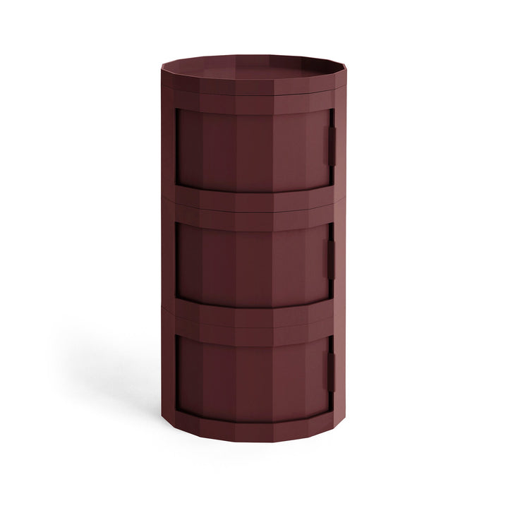Tall three-door round cabinet in deep burgundy with a faceted body and tray top 38