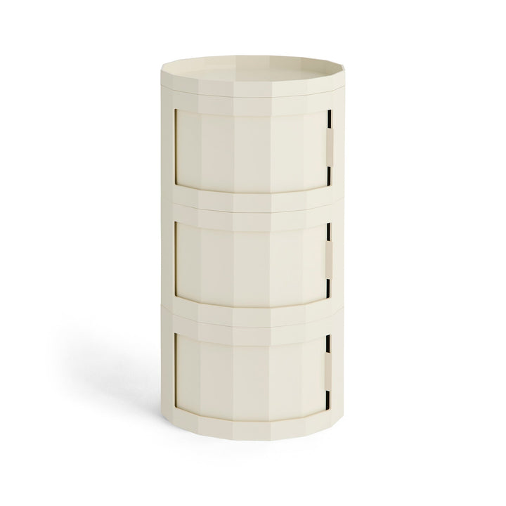 Tall three-door round cabinet in cream with a faceted body and tray top 39