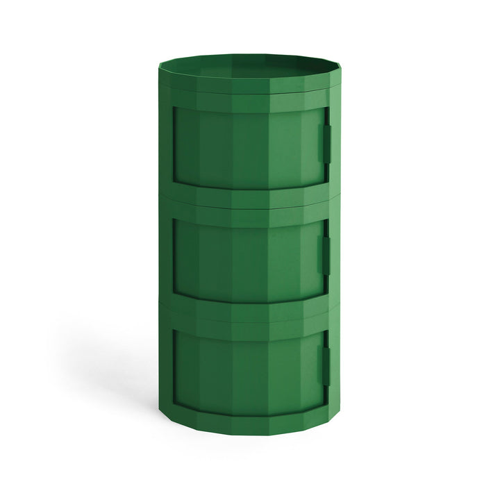 Front view of a deep green three-tier cylindrical cabinet with swivel doors and a rimmed top 43