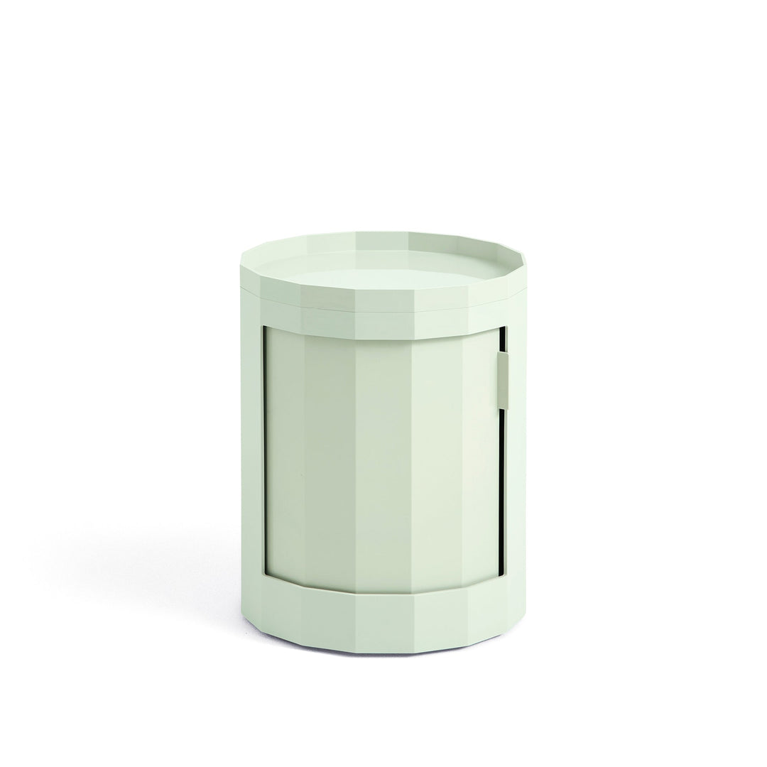 Short round cabinet in pale mint green with closed door and tray top 15