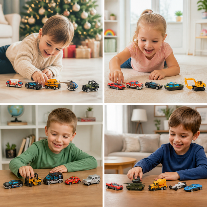 Collage of four photos showing children playing with rows of toy cars, trucks and a helicopter at home 3