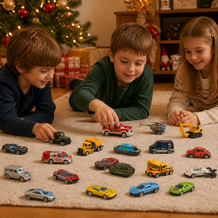 Three smiling children lie on a rug by a Christmas tree with about twenty toy vehicles spread out 1