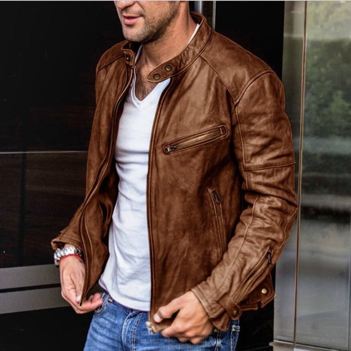 Men's leather jacket with weather-resistant autumn coating – Leandro