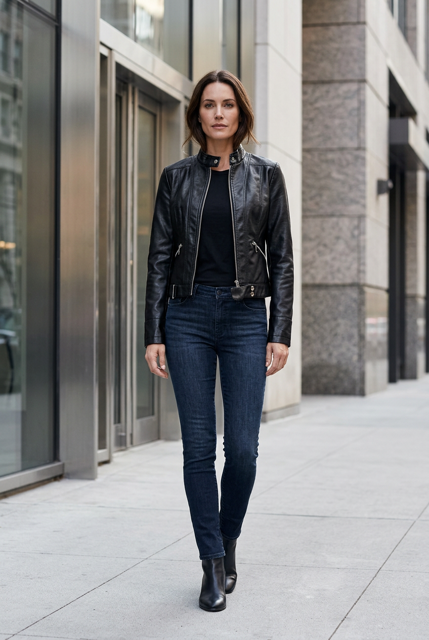 Woman walking on a city sidewalk in the black jacket, dark skinny jeans and black ankle boots 1