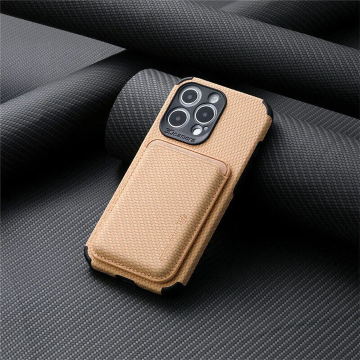 Tan case with stitched card wallet attached to the back, shown on dark woven fabric 6
