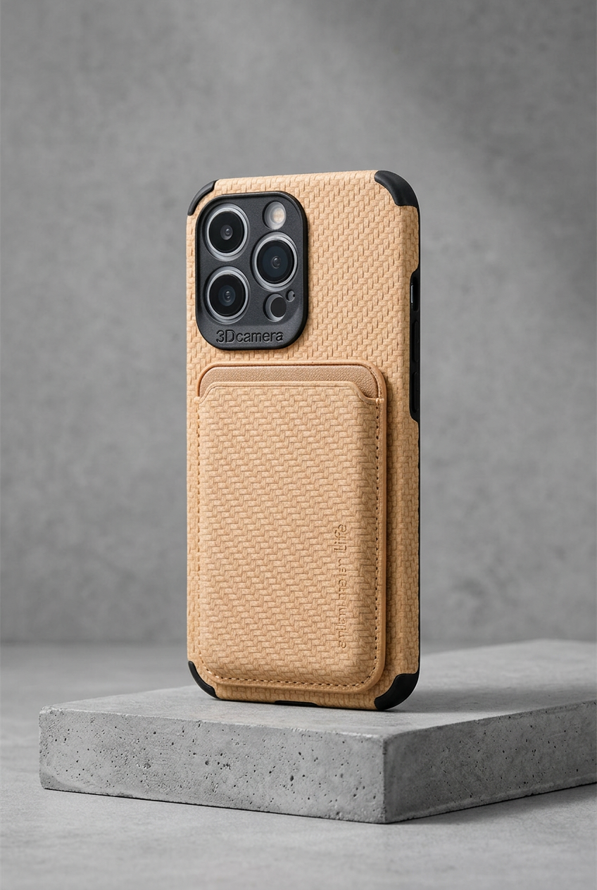 Tan woven-texture case with attached card holder, standing on a concrete block against a gray wall 2