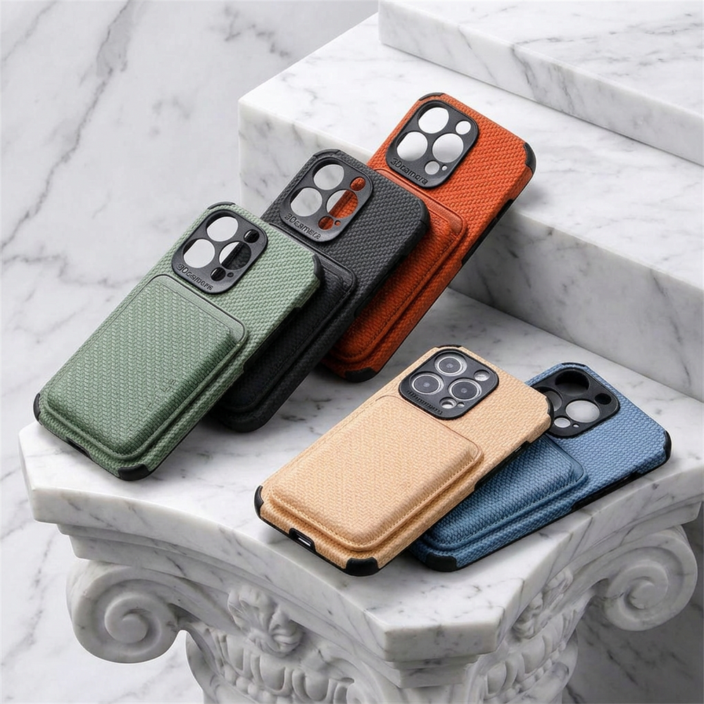 Five cases in green, black, orange, tan and blue resting on marble steps 2