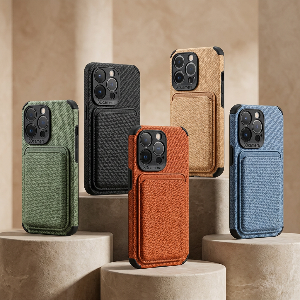 Five textured phone cases with attached card wallets in green, black, orange, tan and blue, standing on beige stone 1