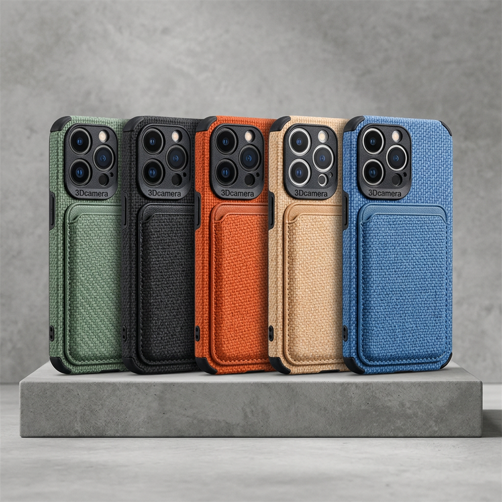 Five cases in green, black, orange, tan and blue lined up on a concrete block 2
