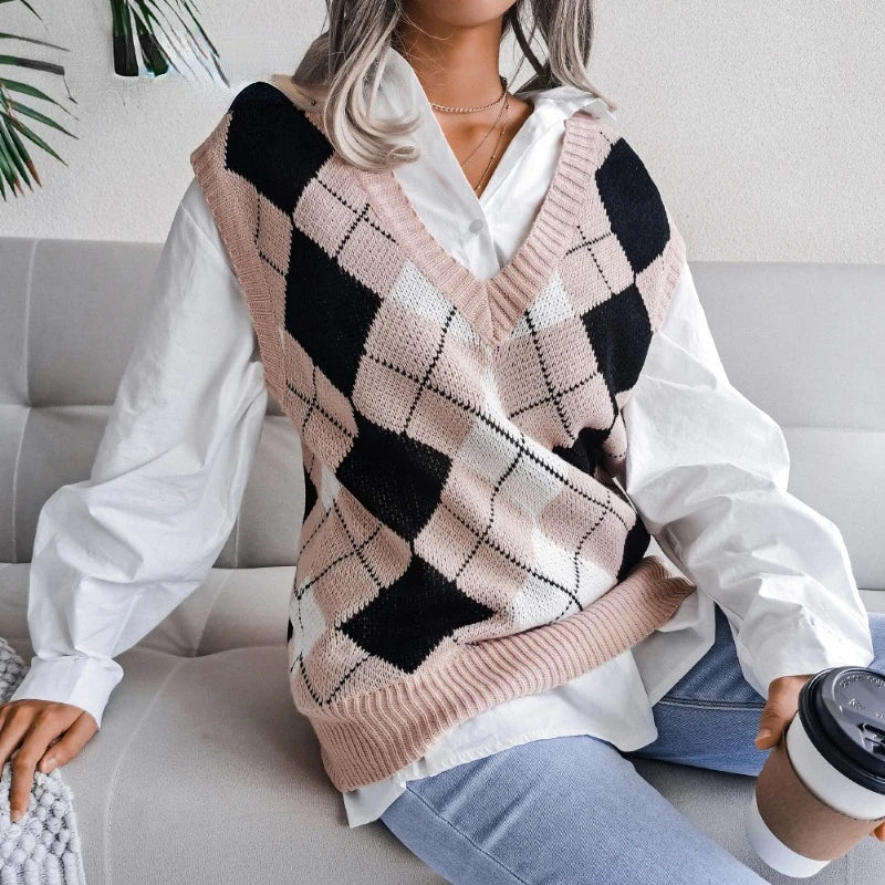 Ladies Checked Knitted Waistcoat Top - Yara