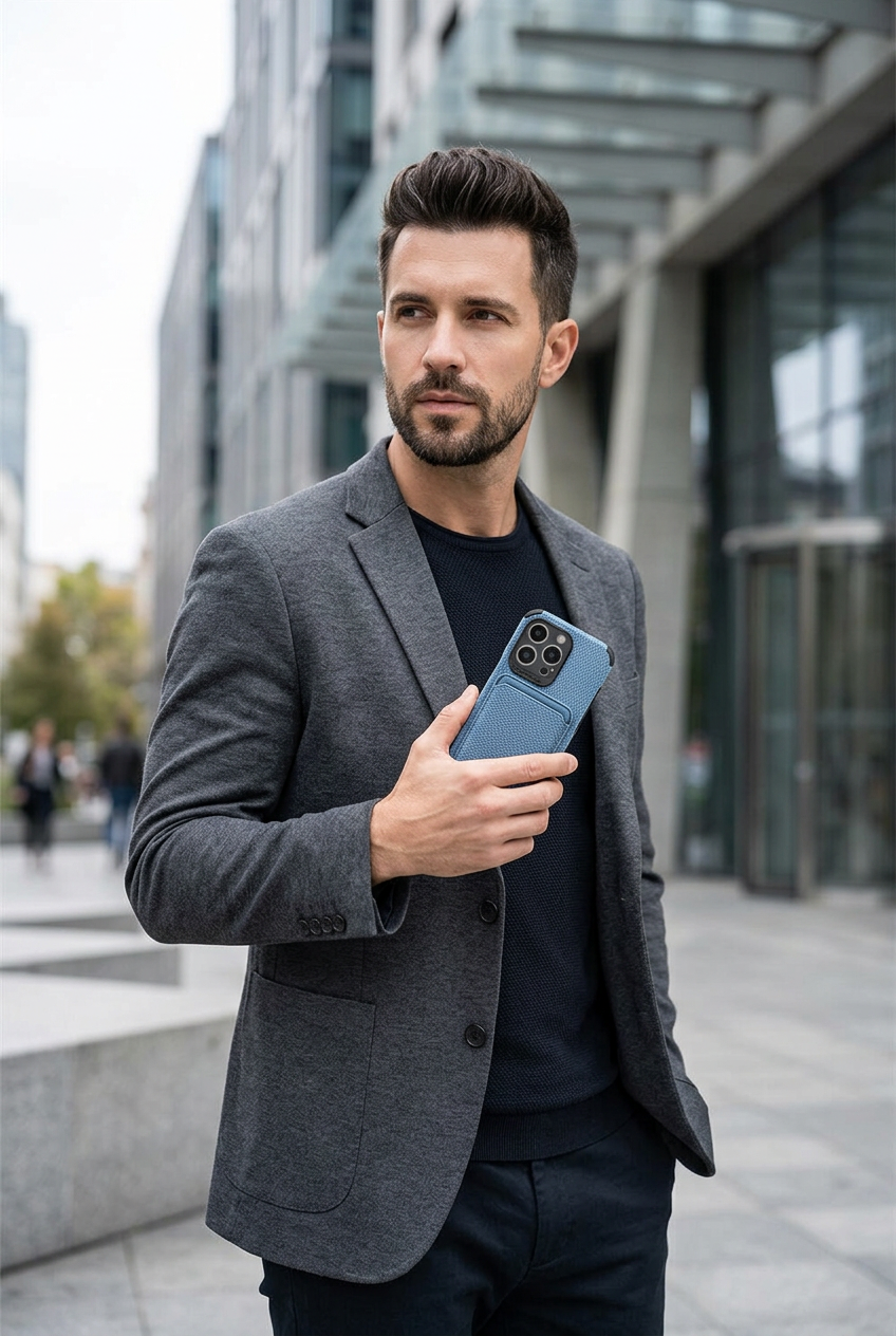 Man in a gray blazer holds a blue textured wallet case phone outdoors in the city 1