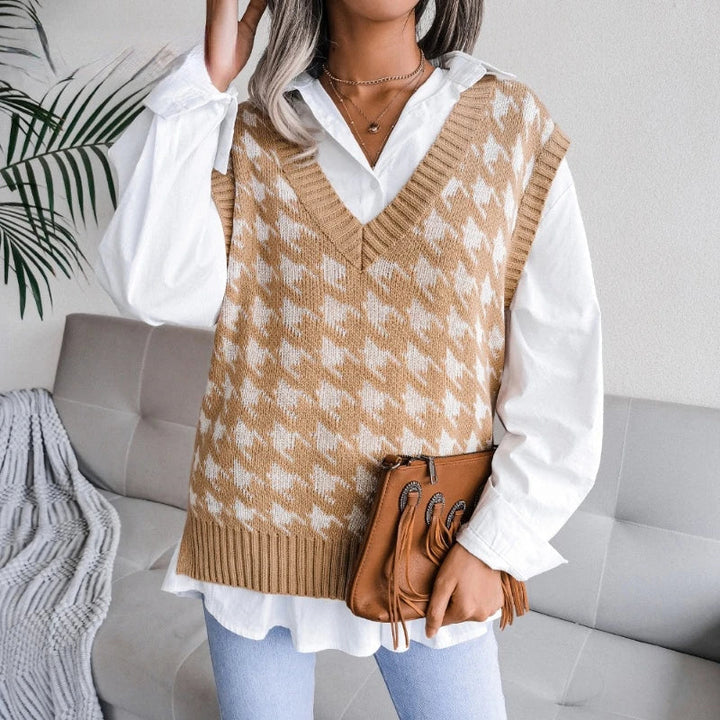 Ladies Checked Knitted Waistcoat Top - Yara