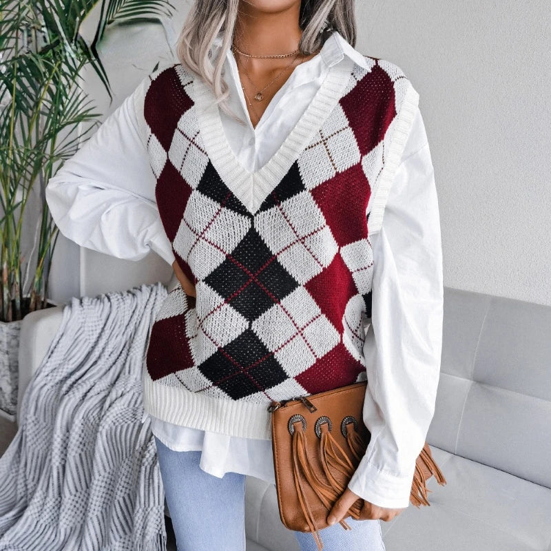 Ladies Checked Knitted Waistcoat Top - Yara