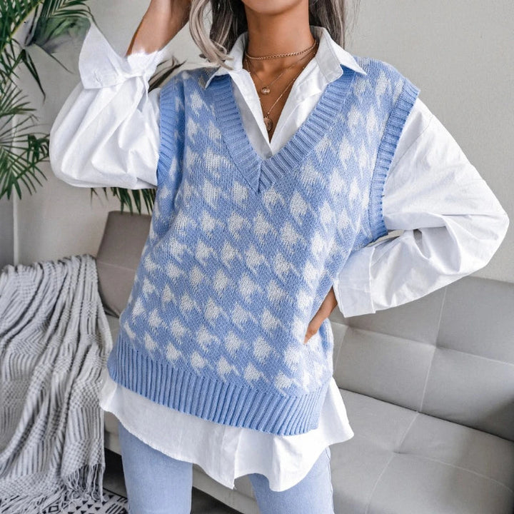 Ladies Checked Knitted Waistcoat Top - Yara