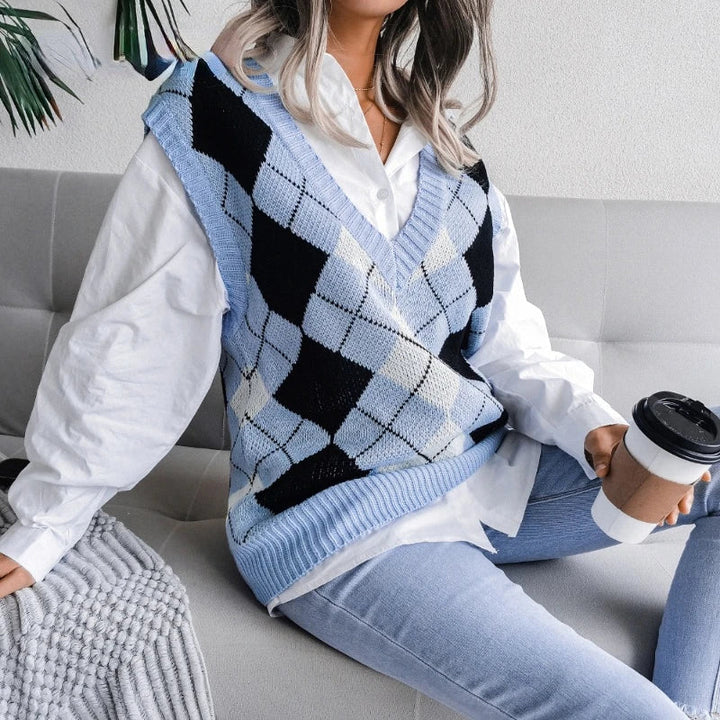 Ladies Checked Knitted Waistcoat Top - Yara