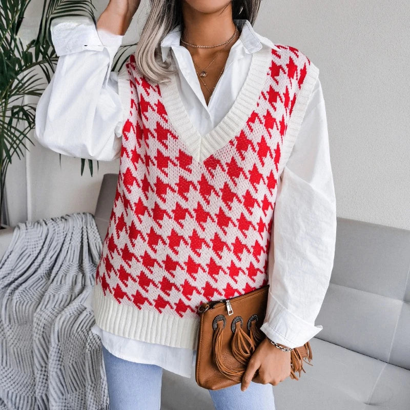 Ladies Checked Knitted Waistcoat Top - Yara