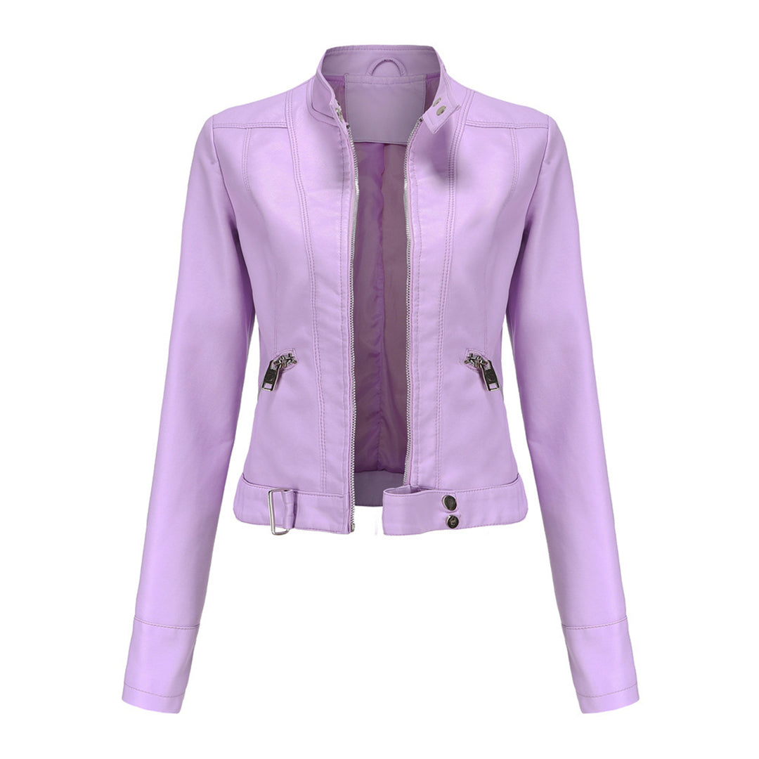 Light lilac cropped jacket from the front, unzipped, showing zip pockets and snap-closure waist tab 3