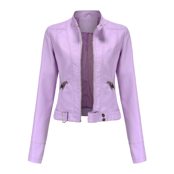 Light lilac cropped jacket from the front, unzipped, showing zip pockets and snap-closure waist tab 3