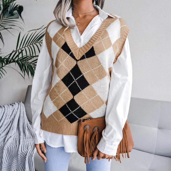 Ladies Checked Knitted Waistcoat Top - Yara