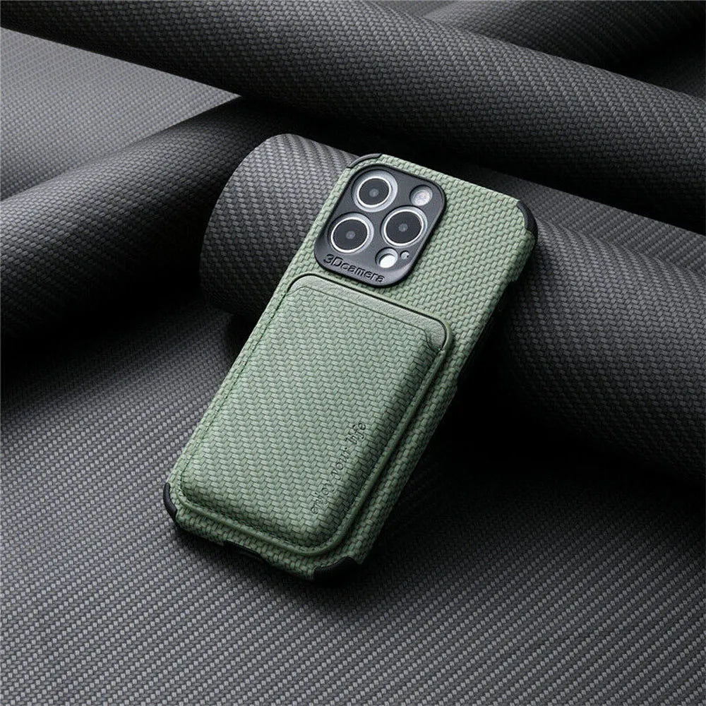 Green carbon-fiber-textured phone case with attached card wallet, back view resting on dark woven fabric 6