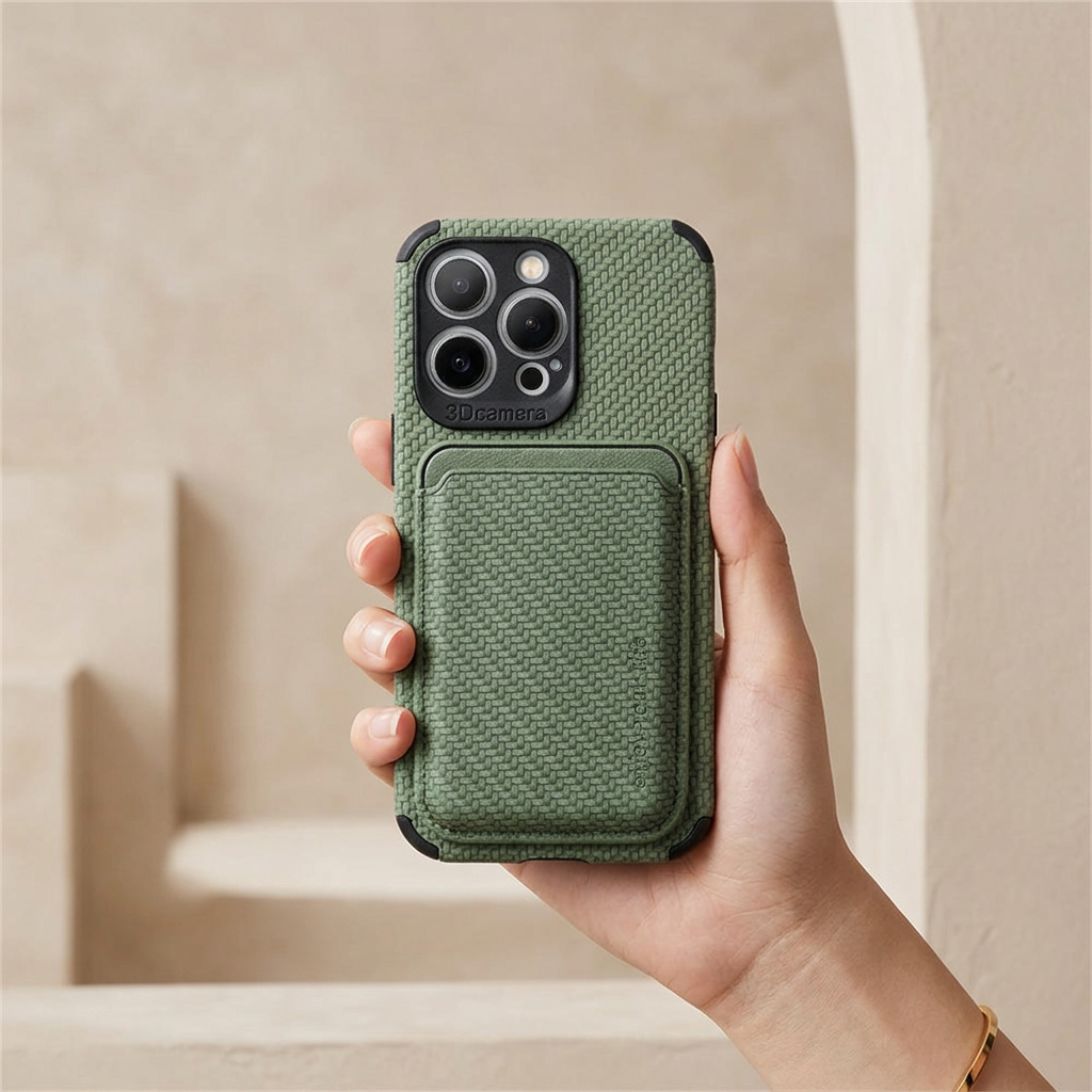 Hand holding a phone in a green woven-texture case with a card pocket on the back 1