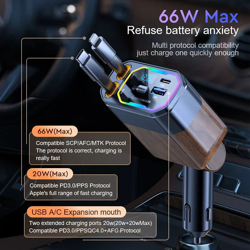 120W 4-in-1 Retractable Car Charger with USB-C & Cigarette Lighter Adapter – Vega