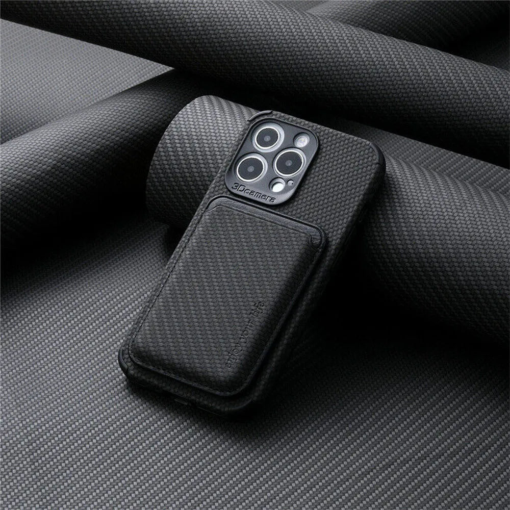 Black carbon-fiber-textured phone case with attached card wallet, resting on a matching woven surface, back view 3