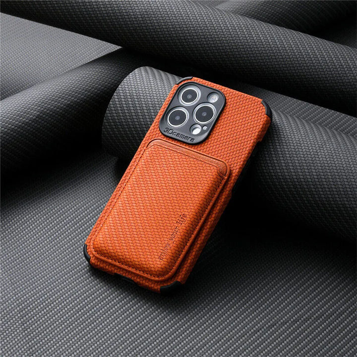 Orange woven-texture phone case with attached card wallet, resting on dark carbon-fiber fabric, seen from the back 4