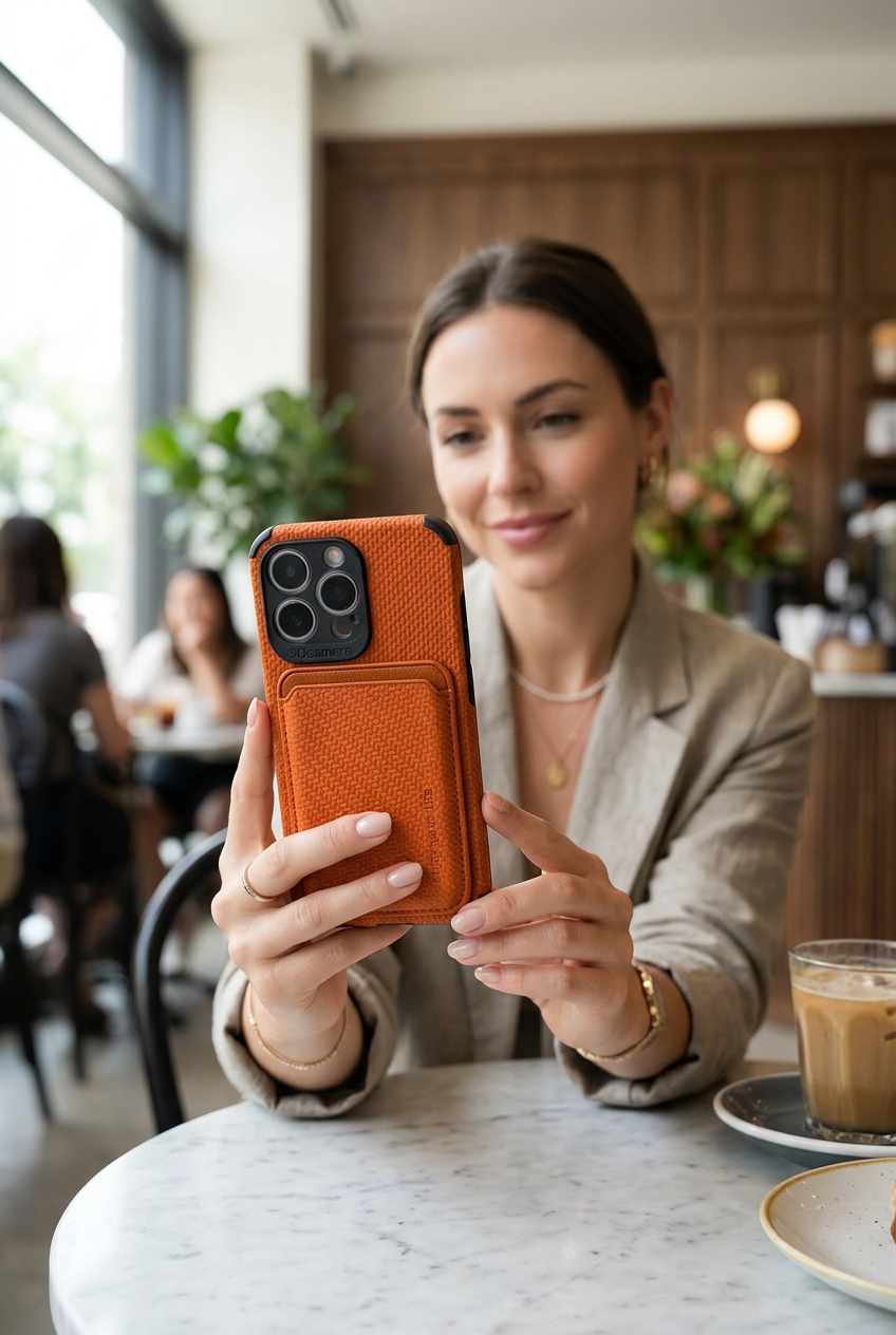 Woman at a cafe table holding up a phone in an orange woven-texture case with card pocket 1