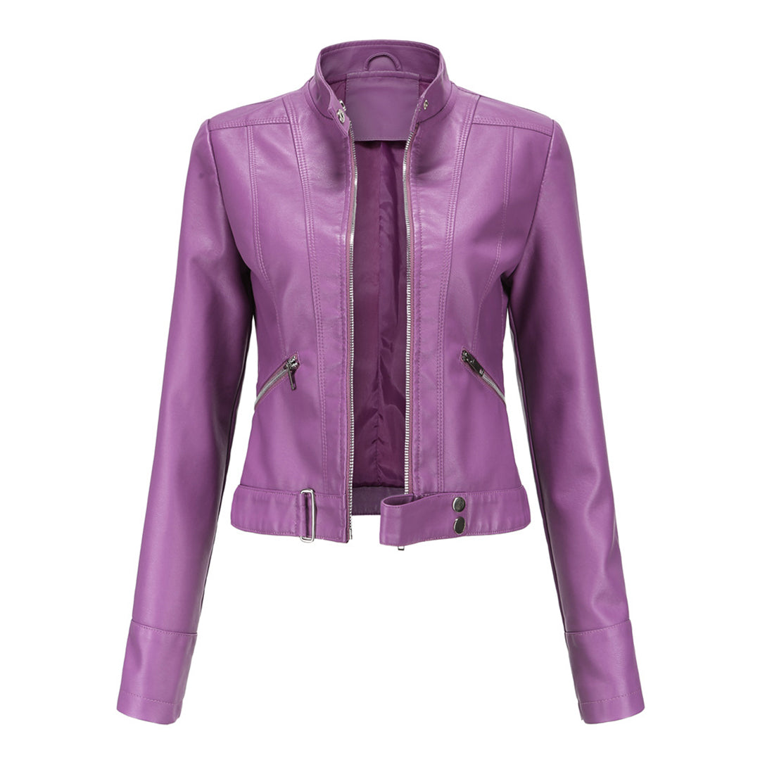 Bright purple cropped jacket from the front, unzipped, with stand collar and angled zip pockets 4