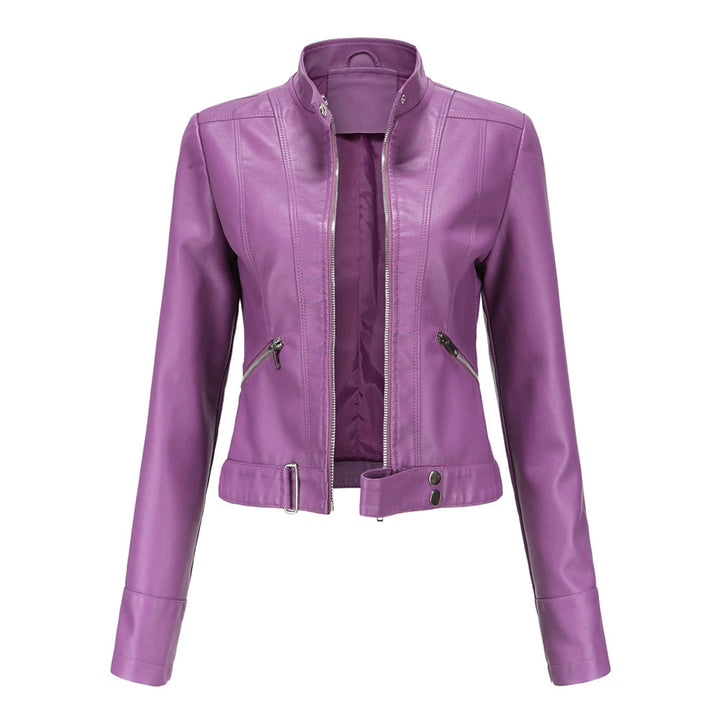 Bright purple cropped jacket from the front, unzipped, with stand collar and angled zip pockets 4