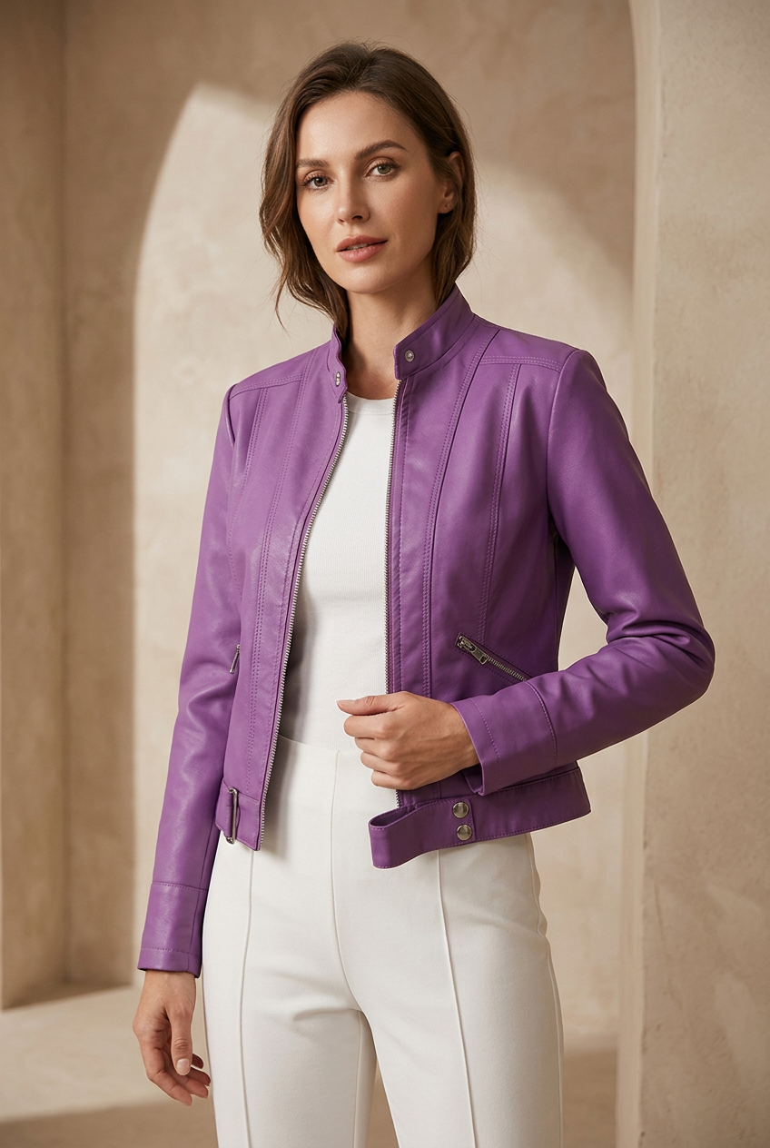 Woman wearing the purple cropped jacket open over a white top and white trousers 1