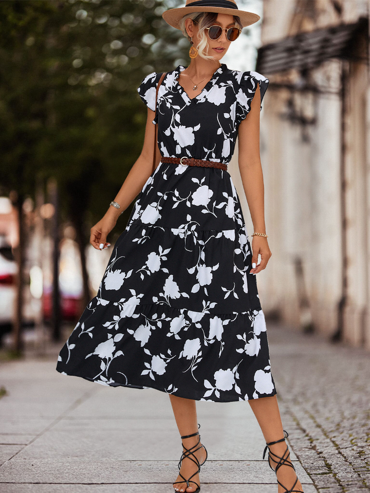 A-line Summer Dress with Puff Sleeves and Colour Accent – Thalia-Black-S-State of Style