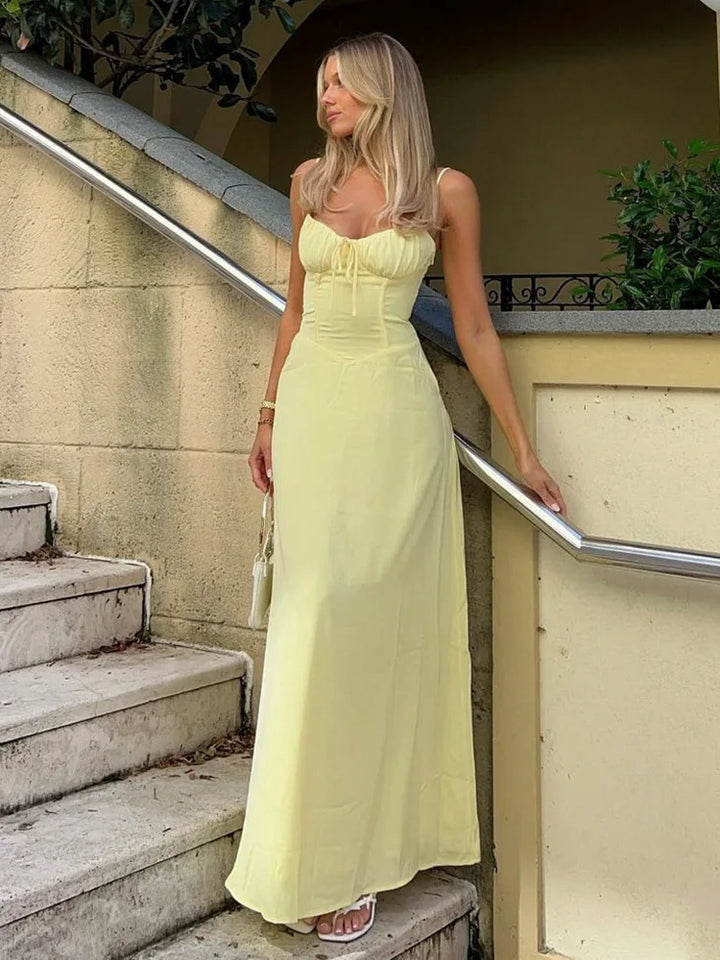 Airy A-line corsage maxi dress with spaghetti straps – Serina-Yellow-S-Nora Luxe