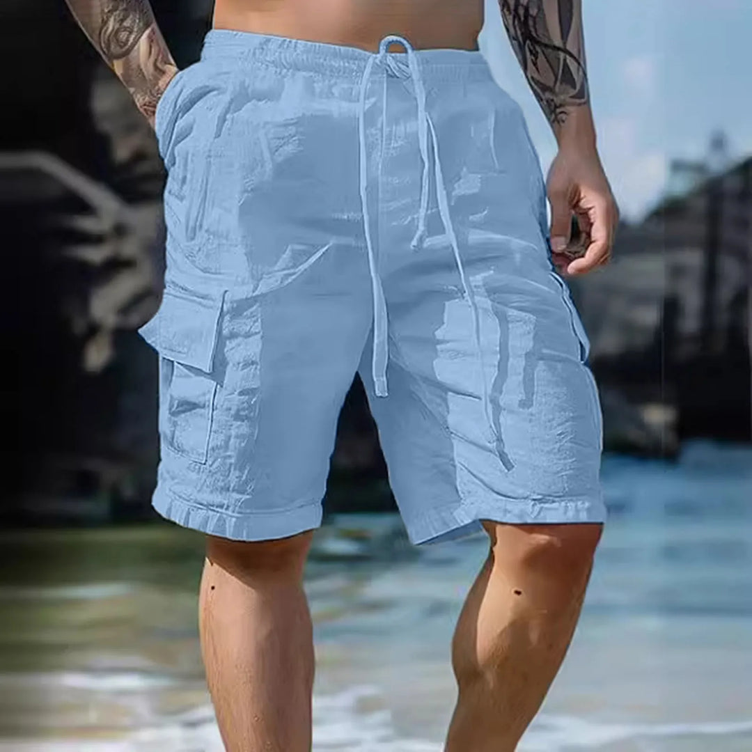 Airy men's linen shorts with wide legs and drawstring – Silas-Blue-S-Nora Luxe