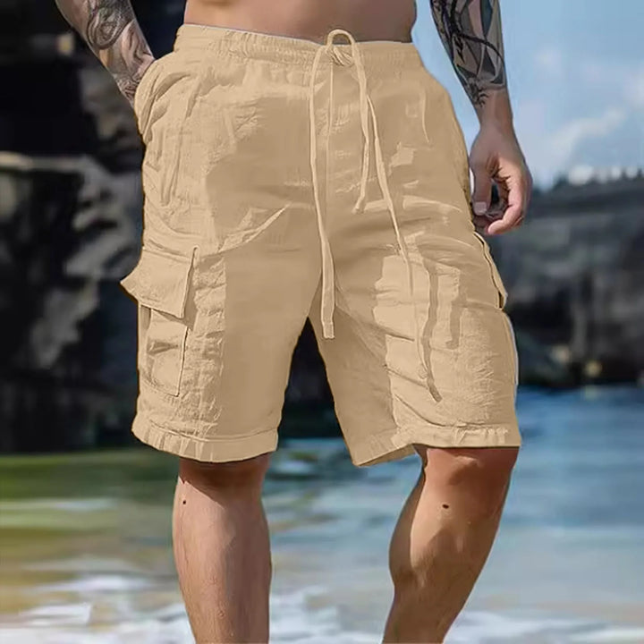 Airy men's linen shorts with wide legs and drawstring – Silas-Khaki-S-Nora Luxe
