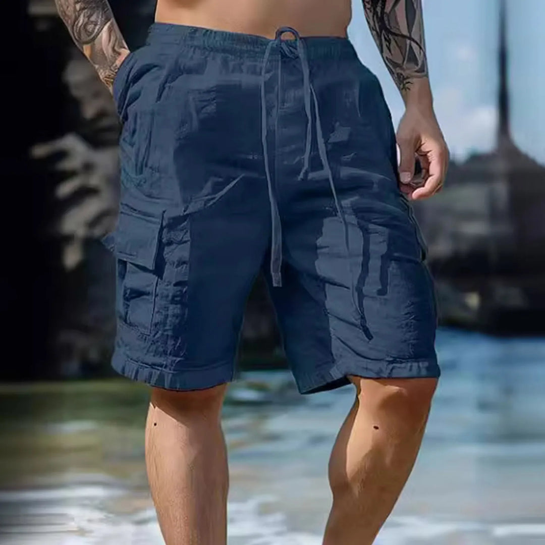 Airy men's linen shorts with wide legs and drawstring – Silas-Marine blue-S-Nora Luxe