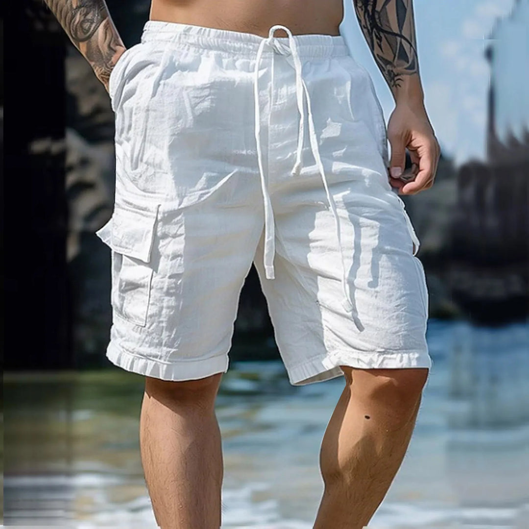 Airy men's linen shorts with wide legs and drawstring – Silas-White-S-Nora Luxe